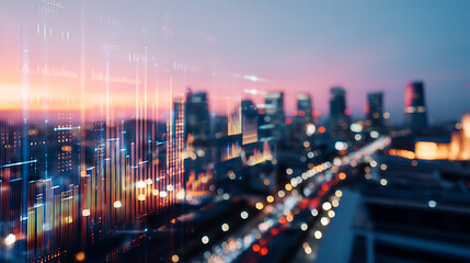 Obraz premium AI-Powered Analytics at Golden Hour Hyper-Focused Digital Workspace with Cinematic Urban Sunset Illuminating Interactive Data Visualization for Next-Gen Business Intelligence