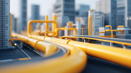 Cyberpunk Industrial Design High-Contrast Yellow Pipelines in Sleek Urban Infrastructure - Next-Gen Manufacturing Visualization with Minimalist Architectural Precision