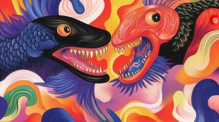 Obraz premium Colorful Confrontation Two serpentine creatures face off teeth bared amid vivid abstract forms