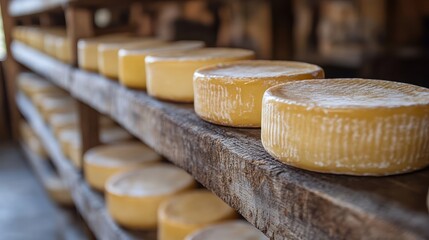 Artisanal cheese wheels aging gracefully on rustic wooden shelves in cellar