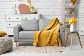 Cozy sofa with dresser, coffee table and narcissus flowers against white brick wall in living room