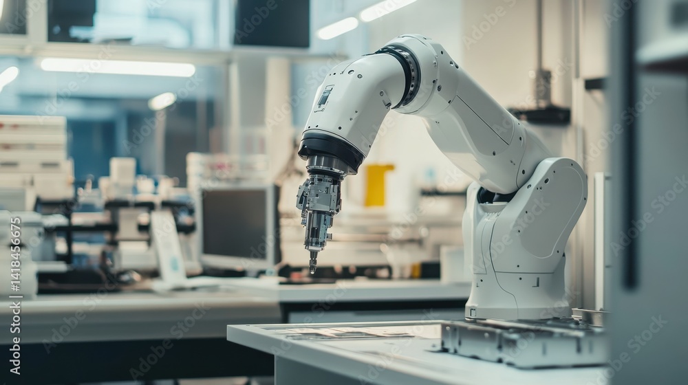 Poster robotic arm performing tasks in a modern laboratory setting during the daytime