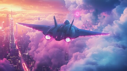 Naklejka premium Futuristic aircraft soaring above neon cityscape at twilight in a vibrant, high-tech metropolis