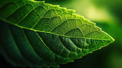 A close up view of a vibrant green leaf detail
