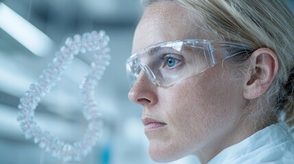 Focused scientist observing complex molecular structure in a modern laboratory setting