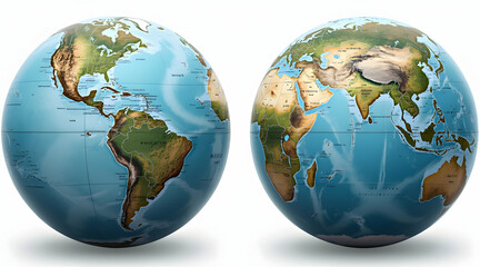 Fototapeta premium Two Earth Globes Showing Continents and Oceans on a White Background