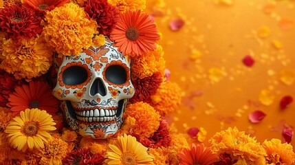 A vibrant calavera skull with floral decorations, perfect for Day of the Dead celebrations, events, and festive designs. Ideal for D&iacute;a de los Muertos themed projects.