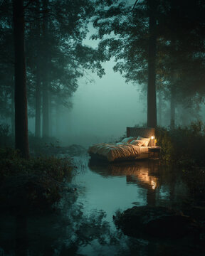 A bed is floating in a river with a light on it