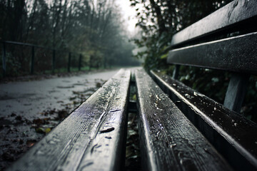 A bench is wet from rain and has leaves on the ground