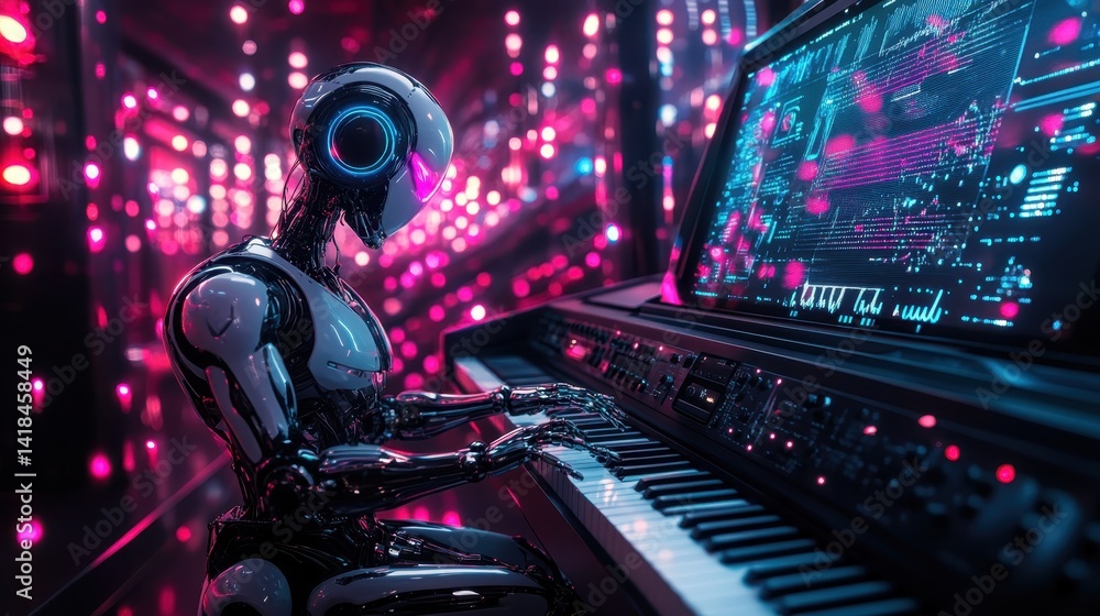 Poster robot musician plays electronic keyboard in a futuristic setting with glowing lights