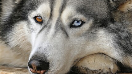 A husky with striking heterochromia iridum sits calmly, showcasing its unique eye colors - thick mammal peaceful