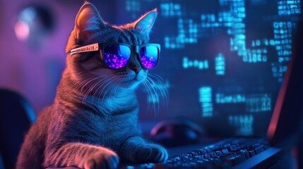 Cool Cat Coder: A Neon-Lit Feline in Digital Realm