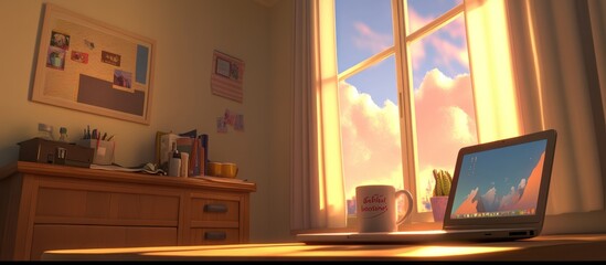 Fototapeta premium Sun-Kissed Workspace: A Harmonious Blend of Warmth, Technology, and Tranquil Ambience