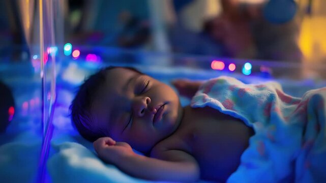 Premature new born baby in the hospital incubator. Neonatal intensive care unit	
