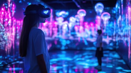 Virtual reality experience in an immersive art installation at a modern exhibition space during evening hours