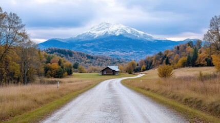 Fototapeta premium Winding road leading to mountain cabin