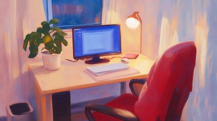 Cozy desk space computer plant  lamp create a warm inviting atmosphere