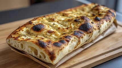 Large, rectangular pizza sheet with slightly charred spots, showing air pockets - pizza baking gastronomy style