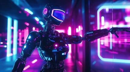 Futuristic robot in vibrant neon setting with glowing lights and advanced technology ambiance
