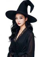 young asian woman wearing witch costume to celebrate Halloween