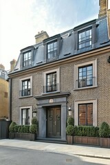 Naklejka premium Modern brick house with a classic design featuring large windows and elegant entrance located in an upscale neighborhood on a sunny day