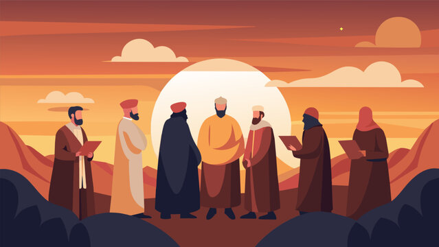 Against the backdrop of a beautiful sunset religious leaders take a moment to pause and reflect on the shared values and common goals that bring them. Vector illustration