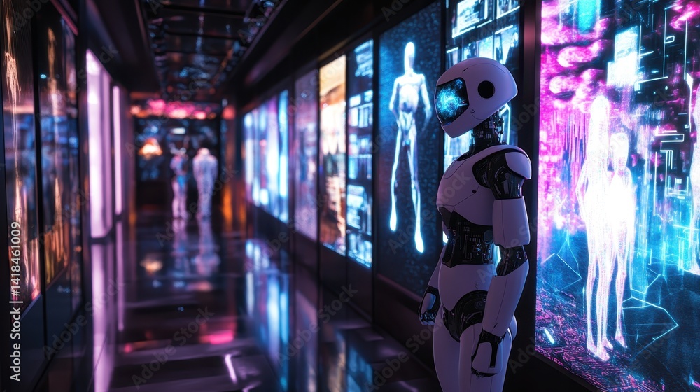 Poster advanced robot interacts with holographic displays in a futuristic technology exhibit showcasing art