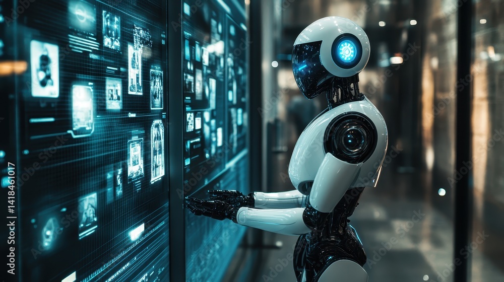 Poster advanced robot interacts with holographic displays in a futuristic technology exhibit showcasing art