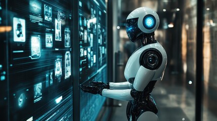 Advanced robot interacts with holographic displays in a futuristic technology exhibit showcasing artificial intelligence and innovation