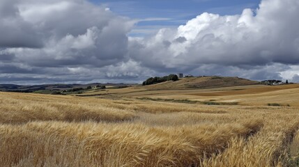 Golden crop field reflecting sunlight Glistening agricultural landscape, rich harvest - background crop vibrant abundant