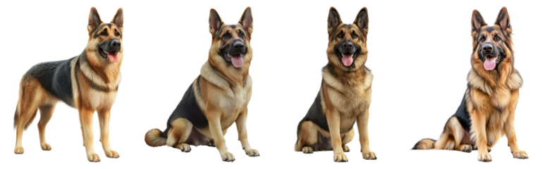 Four Poses of a Happy German Shepherd Dog on a White Background, Isolated on Transparent Background