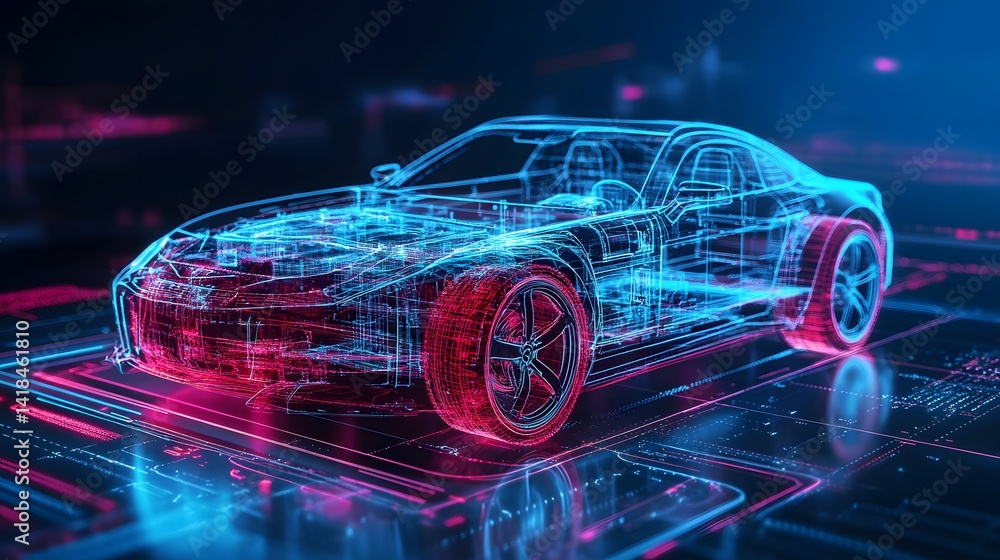 Poster a car is shown in a futuristic setting with a blue and red color scheme. the car is designed to look