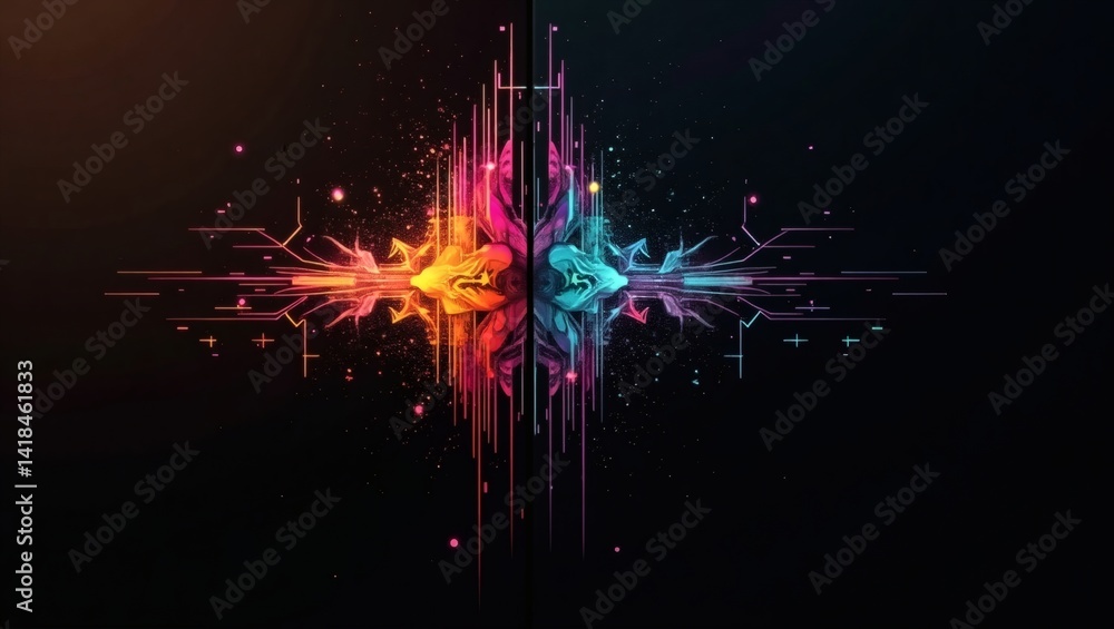 Poster a vibrant, abstract digital artwork showcasing an explosion of colors and intricate lines, symbolizi