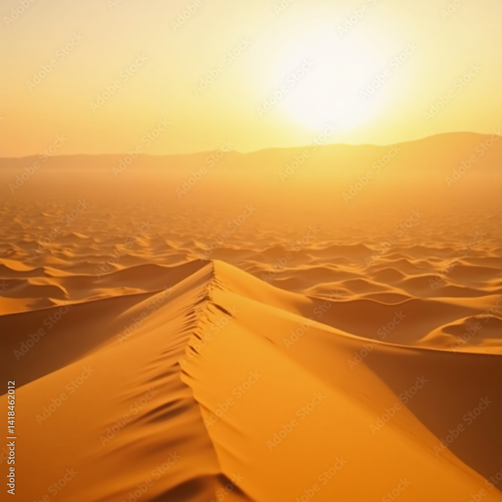 Poster golden sun rays bathe endless sand dunes, creating a mesmerizing vista in a serene desert environmen