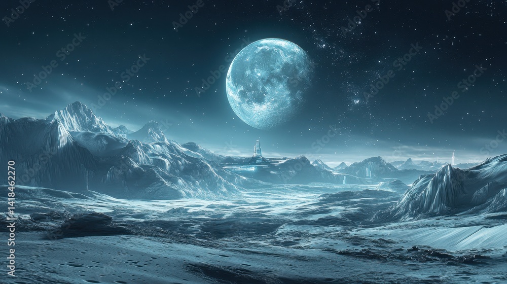 Poster mysterious lunar landscape illuminated by a bright moon with distant mountains and a futuristic stru