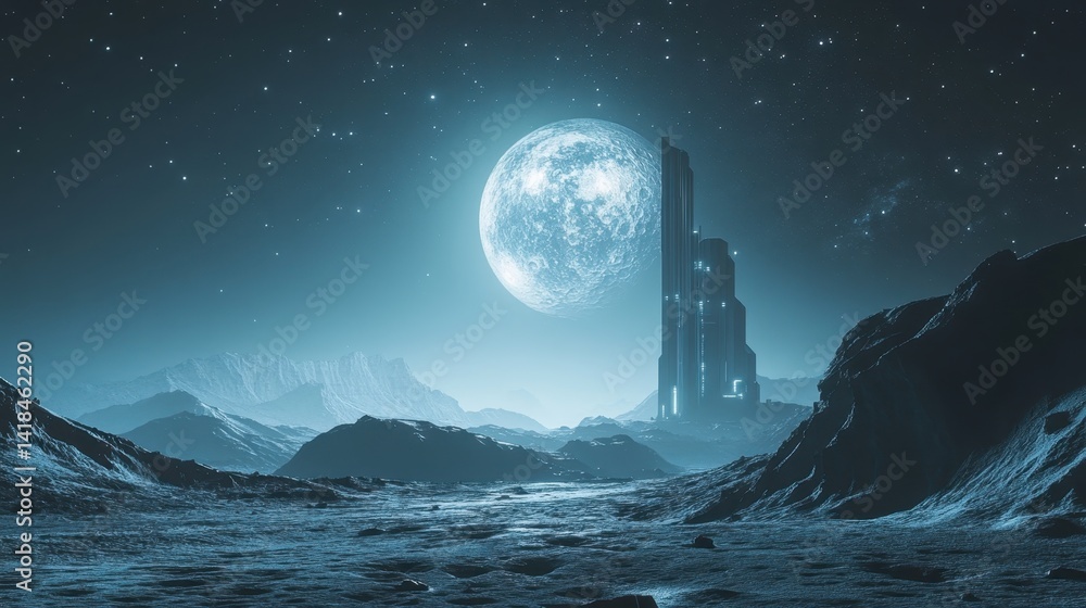 Poster mysterious lunar landscape illuminated by a bright moon with distant mountains and a futuristic stru