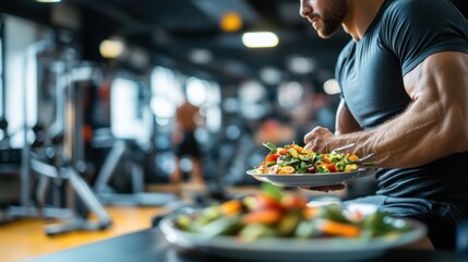 Post-workout nourishing: Athlete balancing fitness with vibrant mixed salad at gym