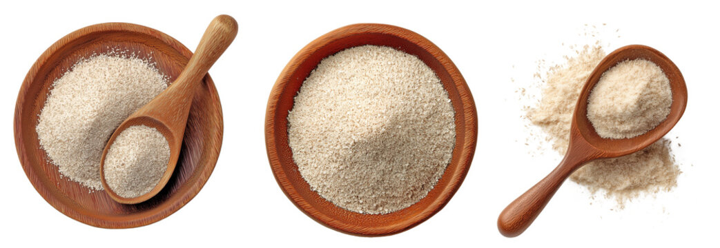 Psyllium husk and powder in wooden bowls and spoon, top view isolated on transparent or white background, dietary fiber supplement for digestive health, clean eating, and wellness product design