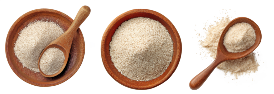 Psyllium husk and powder in wooden bowls and spoon, top view isolated on transparent or white background, dietary fiber supplement for digestive health, clean eating, and wellness product design