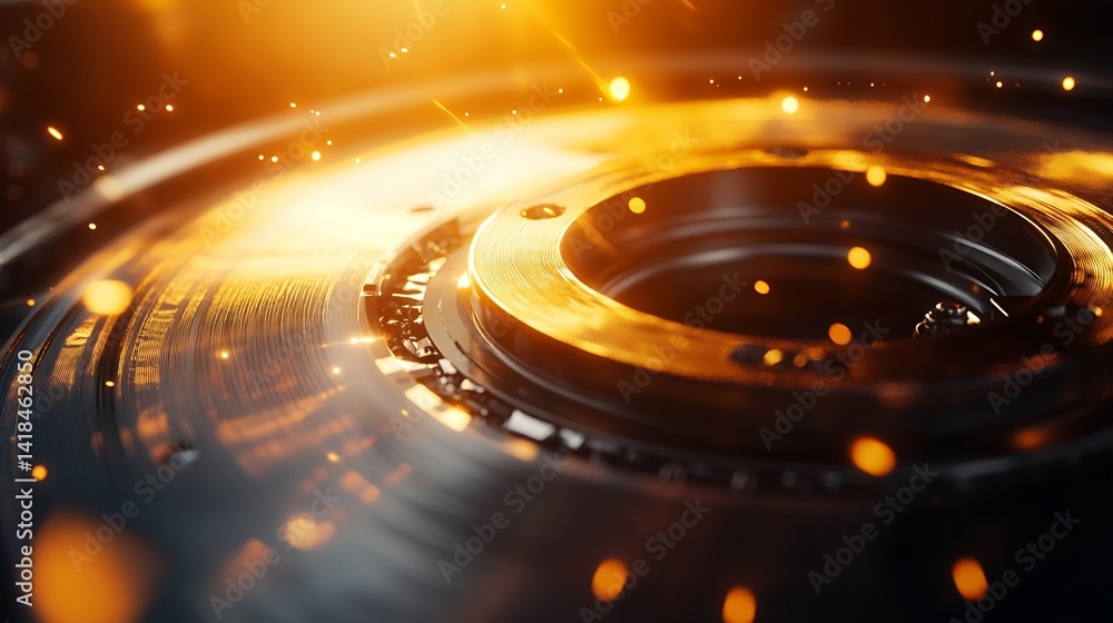 Aufkleber close-up image of metallic circular mechanism with glowing particles