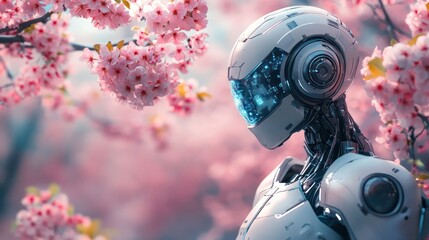 A Futuristic Encounter: Robot Amongst Cherry Blossoms in a serene digital artwork