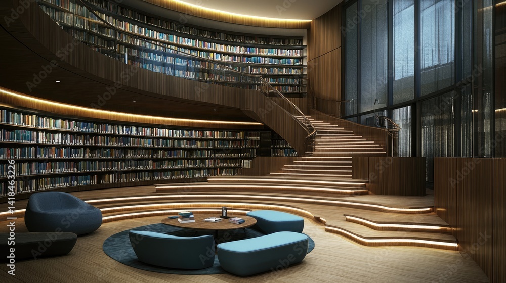 Poster corner view of library with books displayed on thematic racks under spot lighting