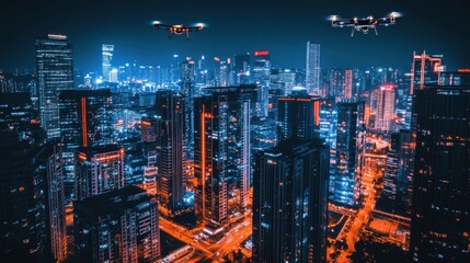 Man observes flying drones in a vibrant urban setting at night with neon lights illuminating the surroundings