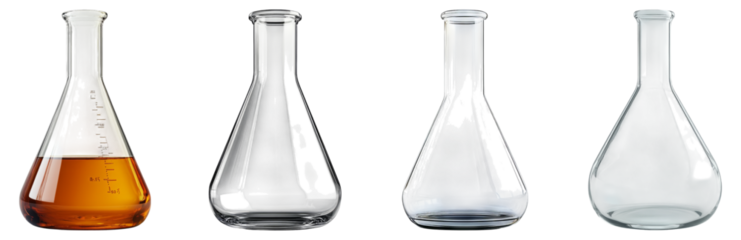 Glass laboratory flasks with colorful liquid samples on white background, Isolated on Transparent Background