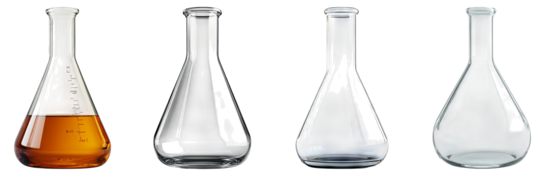 Glass laboratory flasks with colorful liquid samples on white background, Isolated on Transparent Background