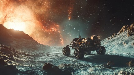 Exploration of a distant planet with a futuristic rover under a starry sky