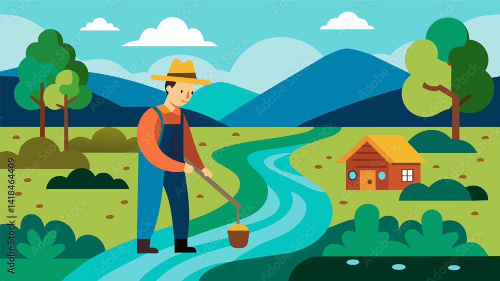 Poster a farmer implementing sustainable practices on their land to reduce runoff into the nearby river.. v
