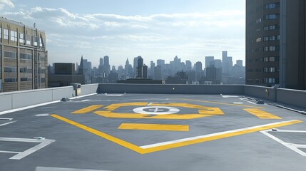 Hospital rooftop with emergency helipad, safety markings, and clear sky backdrop