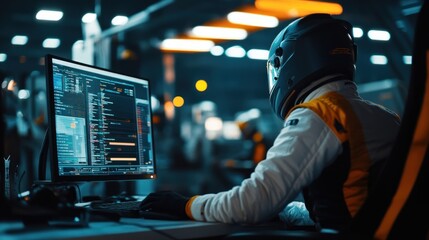 Race Car Driver Analyzing Data:  Nighttime Tech Focus, Cinematic Mood