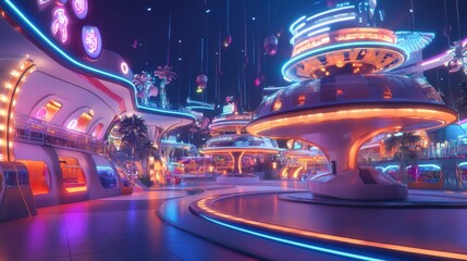 Futuristic neon cityscape featuring vibrant architecture at night with palm trees and glowing signs